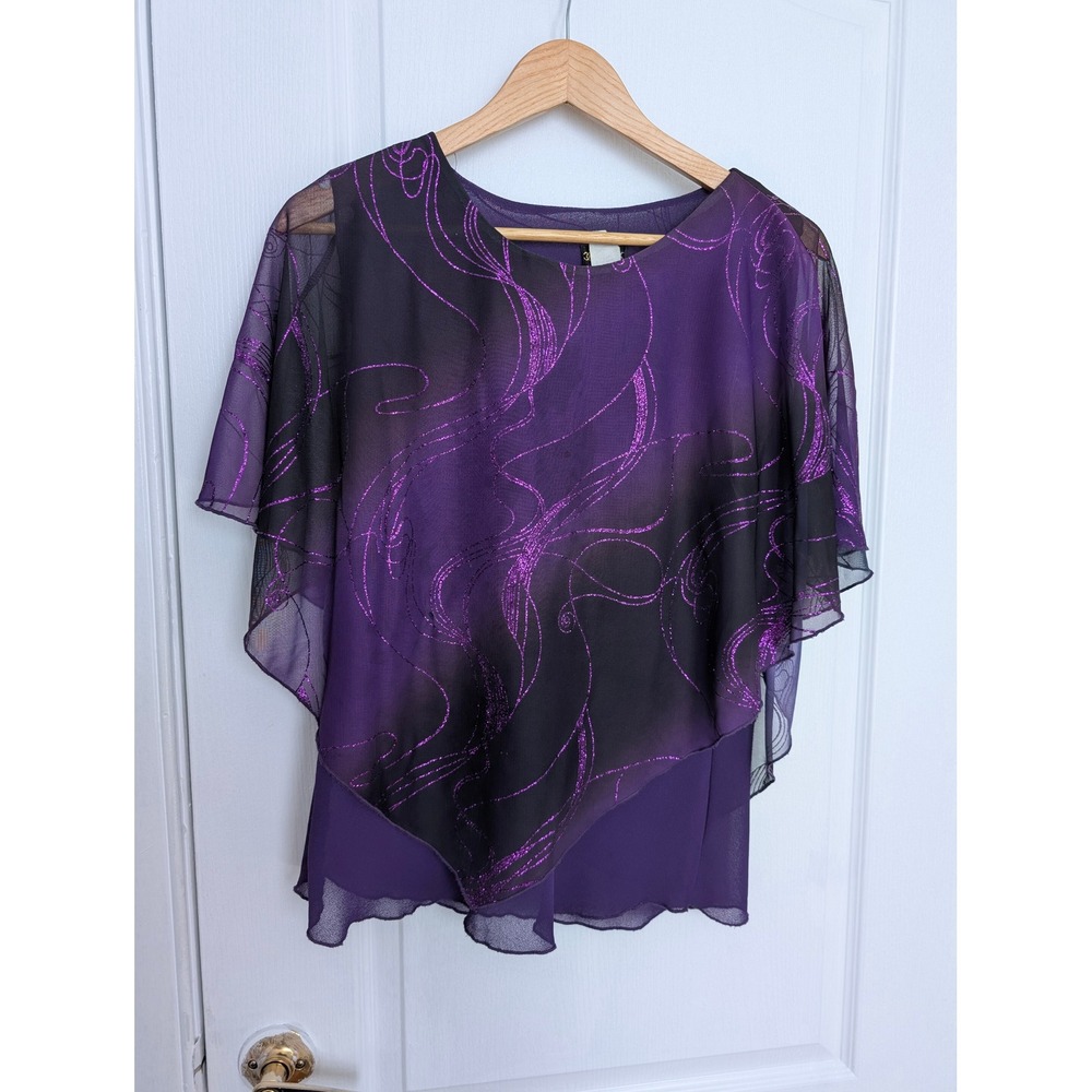 C.O.C. Purple Glitter Swirl Sheer Overlay Cape Blouse Top Made in USA Large - Picture 2 of 6